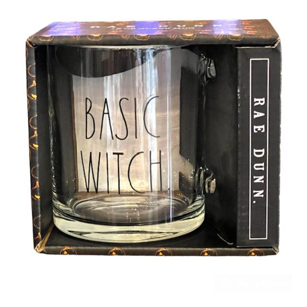 Rae Dunn Clear Glass BASIC WITCH Mug 18 ounce Halloween Sleek Shiny and NEW
